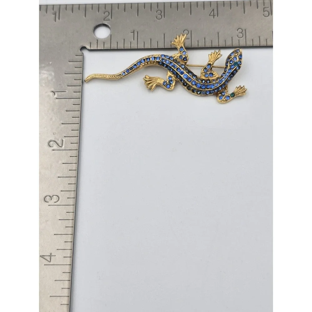 Vintage Gold Tone Blue Rhinestone Lizard Brooch Pin Animal Figural Jewelry‎